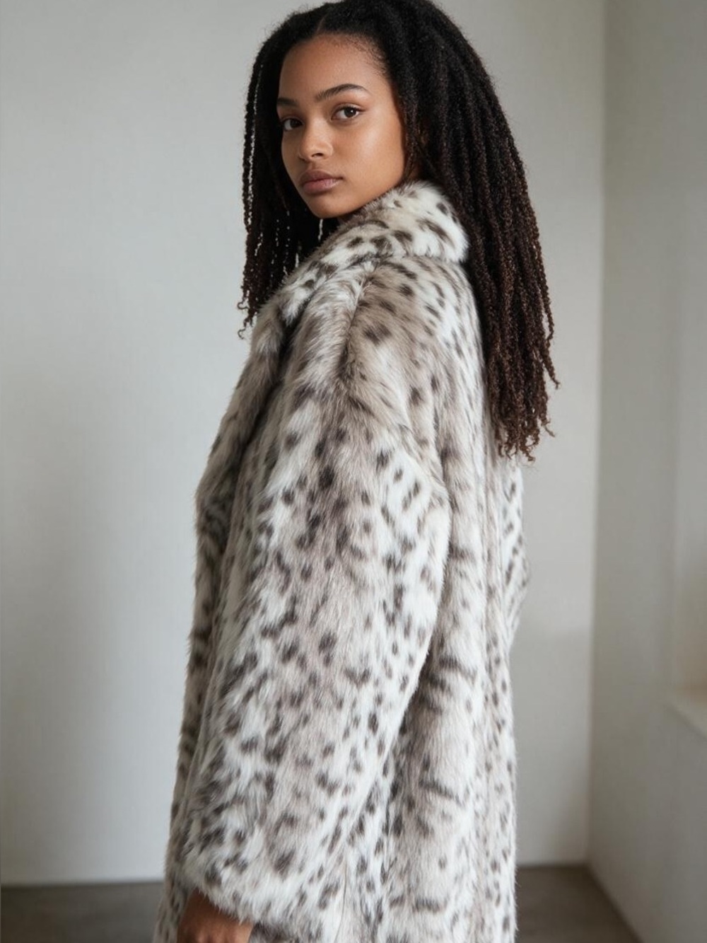 Karl Lagerfeld Faux Fur Long Peacoat in White and Brown Spotted